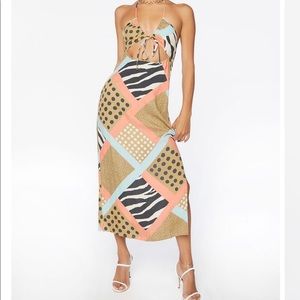 Zebra Patternblock Halter Midi Dress